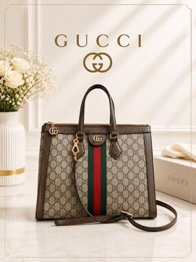 Authentic Gucci Ophidia GG Small Tote Bag Web Stripe Crossbody Canvas Leather